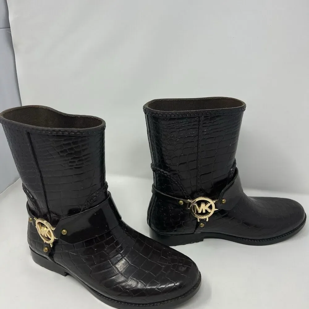 Michael Kors Rain Booties Dark Brown Croc Embossed Equestrian Rubber Rainboot S7
